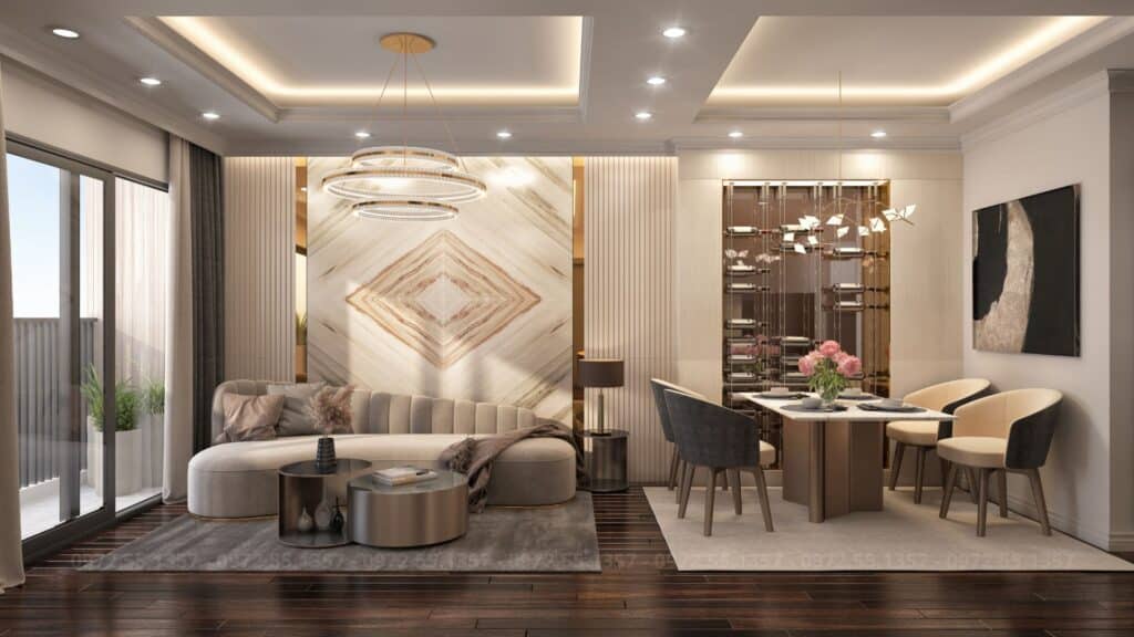 Can ho mau flc hausman phong khach va bep 2PN1